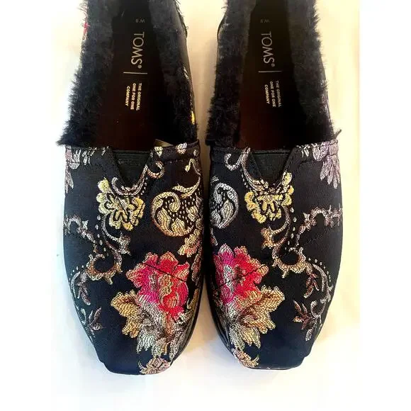 Tom’s Alpargata Black Floral Brocade Slip-On Women size 9 - Picture 3 of 7